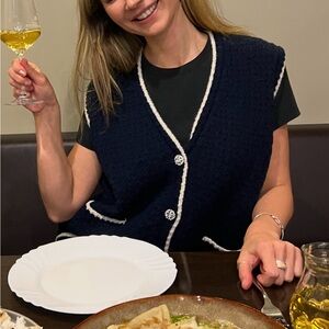 Elegant Navy Blue Cardigan Vest with White Trim